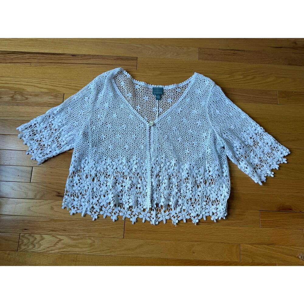 Rabbit Rabbit Rabbit Woman White Floral Crochet Lace Cardigan 2X‎ Cotton Cottage